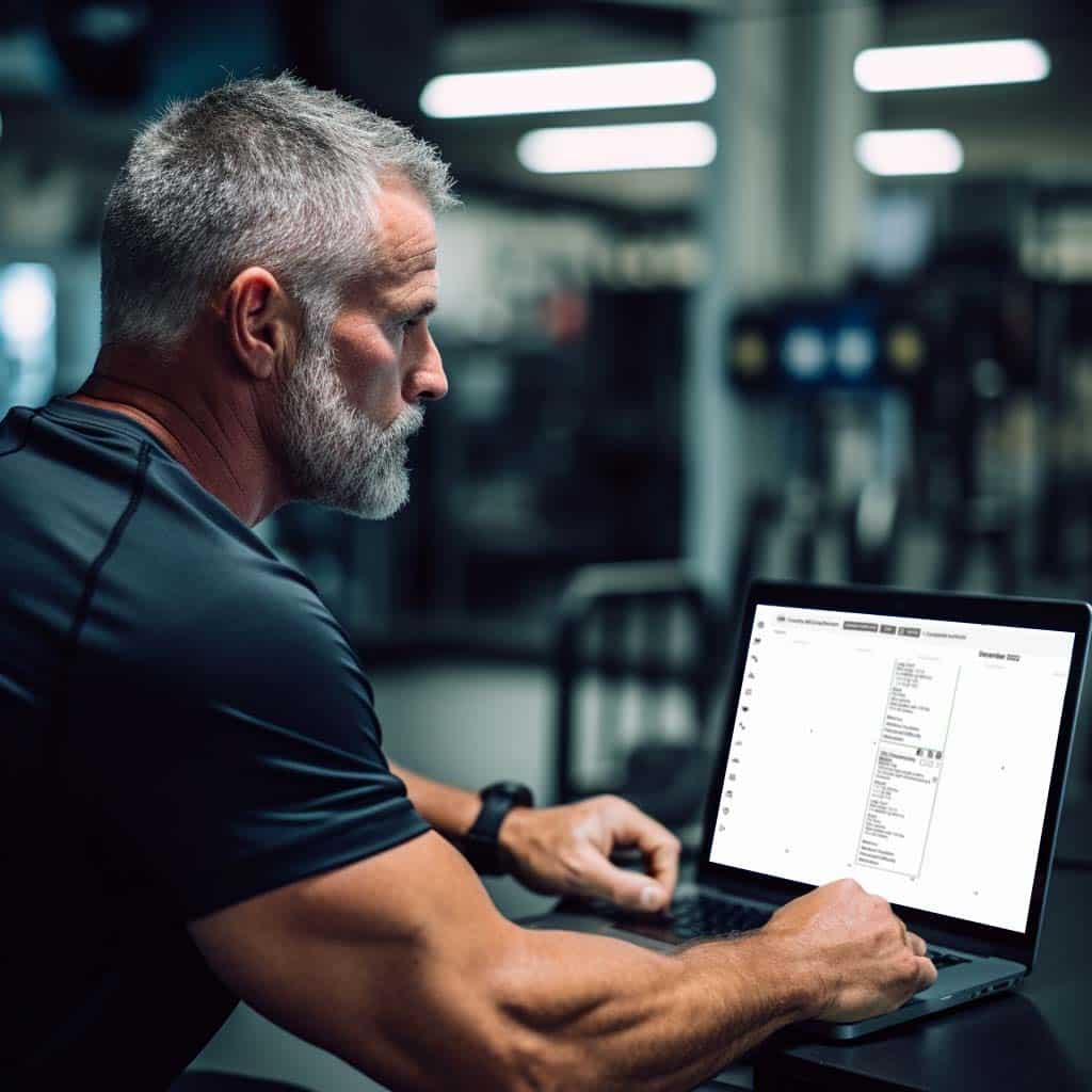 Middle-aged strength coach working on the computer in a gym